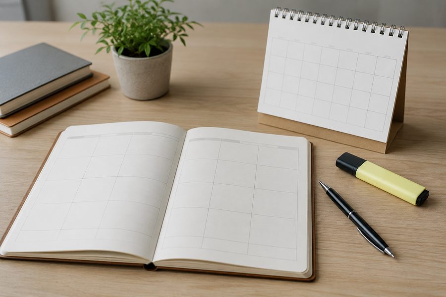 Aufgeschlagenes Arbeitsbuch mit leerem Wochenraster, Textmarker und Monatskalender — Die 30 Gesetze der Gewinnerin