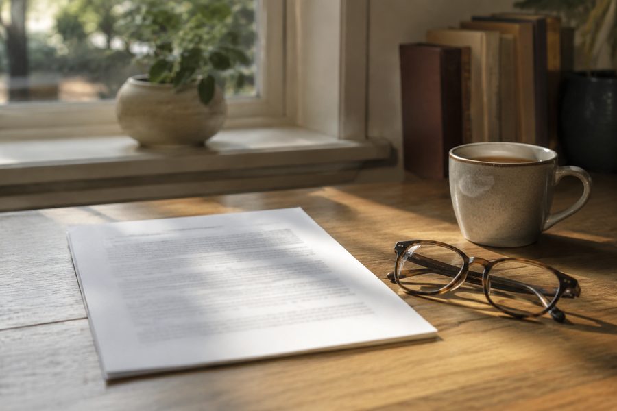 Ein ausgedrucktes Blatt neben Teetasse und Lesebrille am sonnigen Fenster — 10 Affirmationen der Gewinnerin