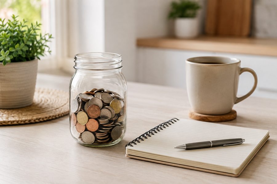 Sparglas mit Muenzen neben Notizblock und Kaffee auf einem Kuechentisch — Power-Frauen Finanz- und Mindset-Kit