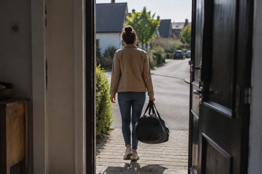 Eine Frau tritt mit einer Reisetasche durch die offene Haustuer ins Tageslicht — Ich gehe jetzt leben