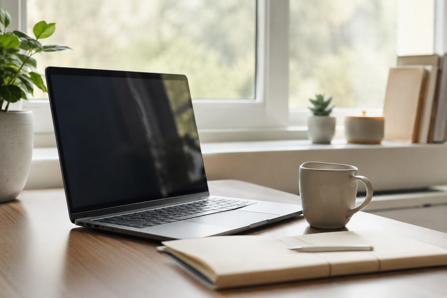 Aufgeklappter Laptop mit Notizbuch und Kaffee an einem hellen Fenster — KI-Business-Masterclass