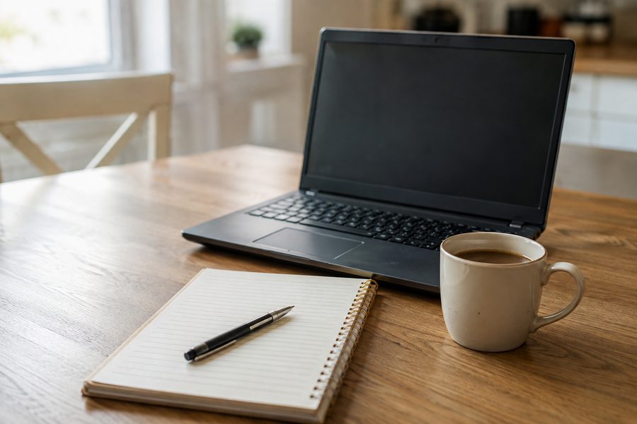 Notizblock mit handschriftlicher Liste, Stift, Kaffee und Laptop auf einem Kuechentisch — Broke, aber bereit: Der Starter-Guide