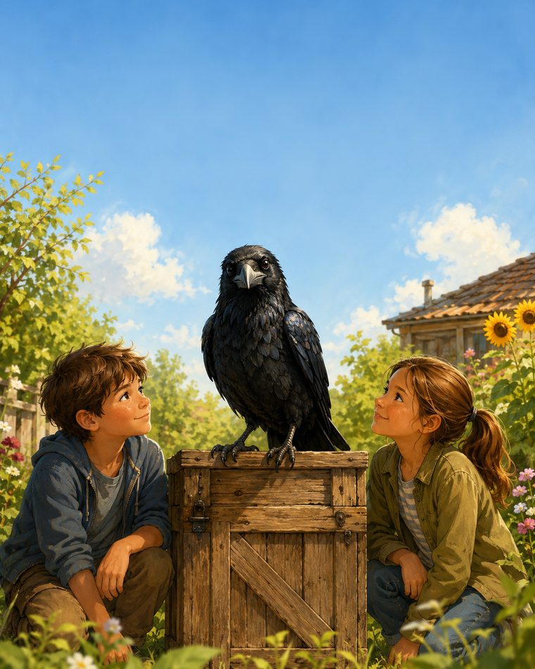 Buchcover: ein Rabe sitzt auf einer Holzkiste im sonnigen Garten, ein Junge und ein Maedchen schauen zu ihm hoch