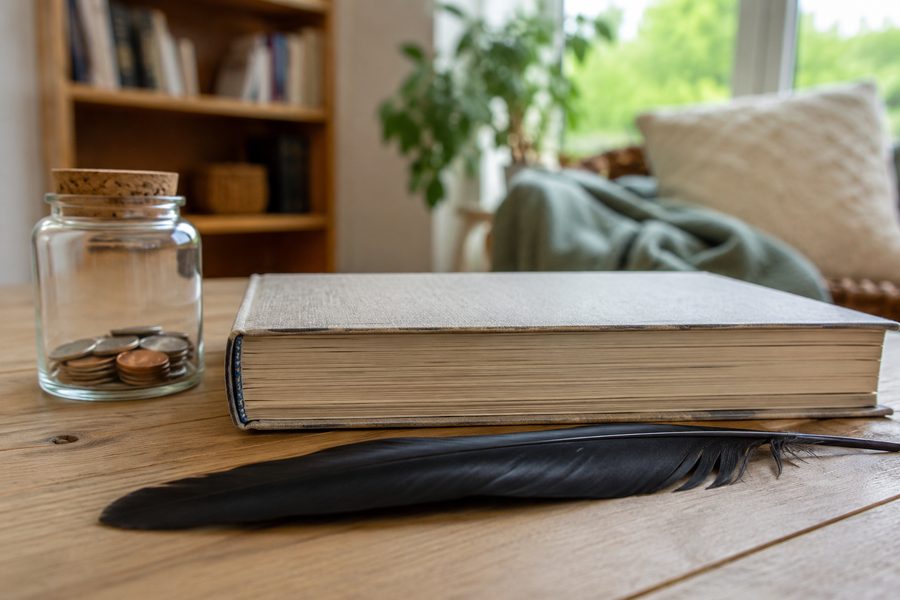 Ein gebundenes Kinderbuch liegt neben einem Sparglas und einer Rabenfeder auf einem Holztisch — die gedruckte Ausgabe